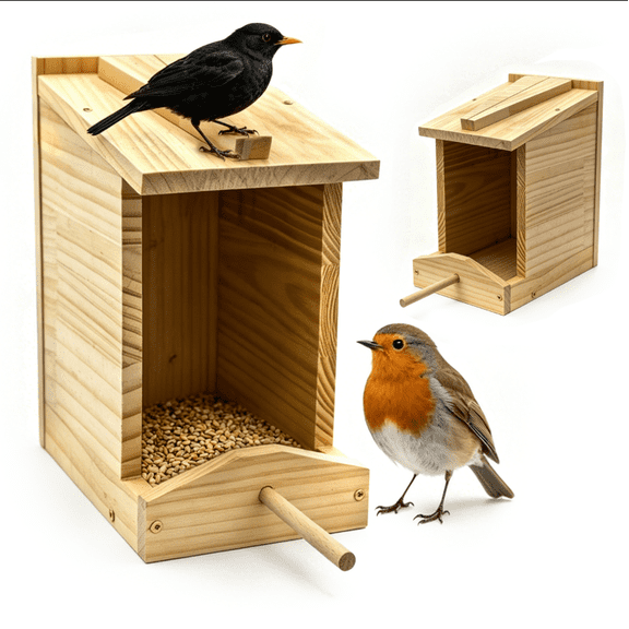 2-Pack Robin Nesting Box with Feeding Tray Handcrafted Solid Wood Open Bird House, Attracts Robins, Blackbirds & Finches, Predator Guard, Easy-to-Mount for Backyard, Garden, Patio