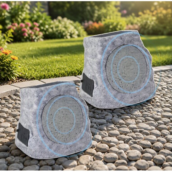 2-Pack Rock Speakers Outdoor, and USB with LED Lights, Water-Resistant Wireless Stereo Speakers for Garden, Patio, Pool, Camping