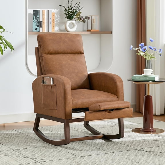 2-Pack Rocking Chair Nursery Chair with Foot Rest, Recliner Armchair with High Backrest& Wood Legs and Side Pocket for Living Room, Bedroom,Brown