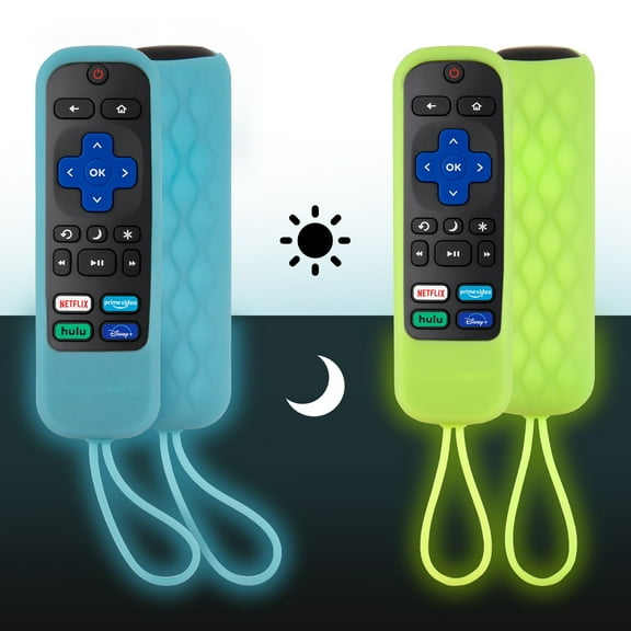 2 Pack Roku Remote Cover,Silicone Protective Case Compatible with TCL Roku,Roku Player,Roku Express and Roku Premiere Roku Ultra (Luminous Green + Blue)