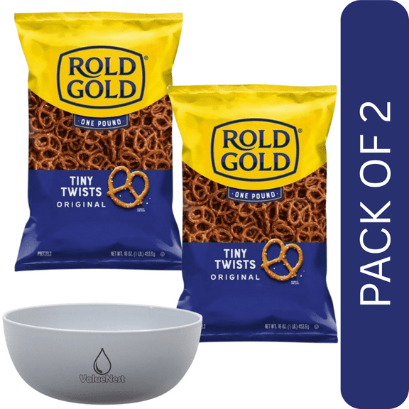 2 Pack Of Rold Gold Original Tiny Twists Pretzels, Classic Crunchy Snack, 16 oz Bag Perfect for Parties, Lunchboxes & On-the-Go Snacking, With Grey Bowl By Value Nest