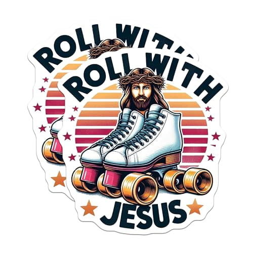(2 Pack) Roll with Jesus Magnets - Inspirational Fridge Magnets - Christian - Motivational Roller Skate Theme - 5" On Longest Side - for Cars, Fridges, Toolboxes - Made in USA - MAG4378