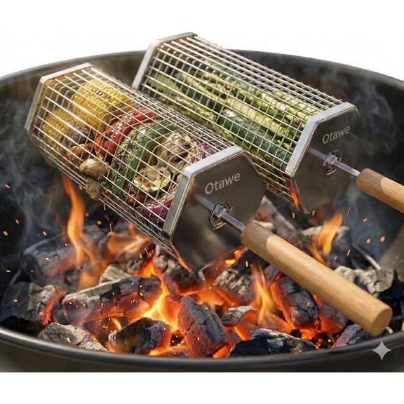 2 Pack Rolling Grill Basket  Stainless Steel Grilling Basket with Lid and Removable Wooden Handle  BBQ Accessories for Vegetables, Shrimp, Meat  Outdoor Cooking Gift for Dad or Husband 