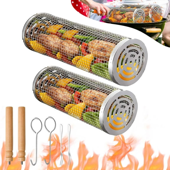 2 Pack Rolling Grill Baskets for Outdoor Cooking, 304 Stainless Steel Camping Gear & Gifts for Men