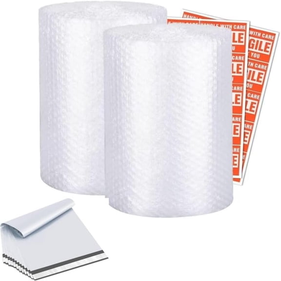 2 Pack Rolls For Moving Boxes, 3/16" Air Bubble, 12 Inch x 72 Feet Total, Perforated Every 12", Included 10 Poly Mailers 12" x 16", 20 Fragile Stickers