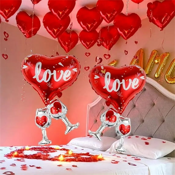 2 Pack Romantic Heart & Wine Glass Foil Balloons - Elegant Decorations for Valentine's Day, Birthday, Wedding & Engagement Parties