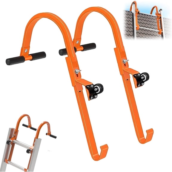2 Pack Roof Ladder Hook with Wheel, 500 Lbs Heavy Duty Steel Stabilizer, Rubber Grip T-Bar for Steep Roof Ridge Access