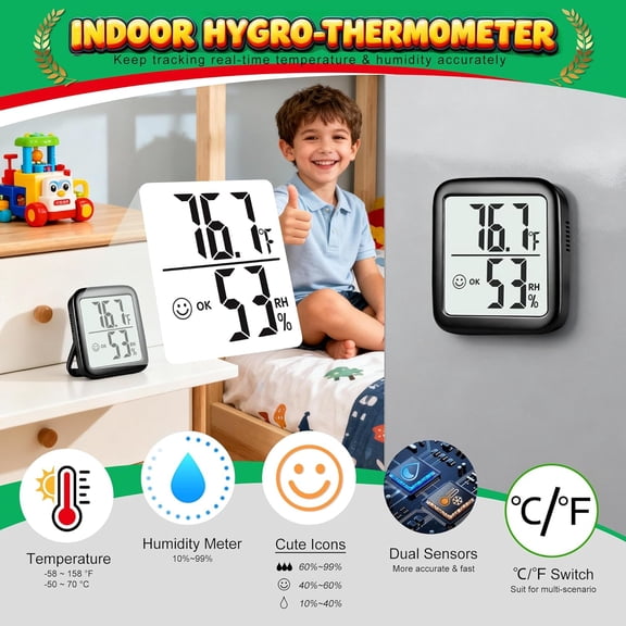 2 Pack Room Thermometer for Home, Hygrometer Indoor Humidity Meter Gauge, Digital Temperature and Humidity Sensor Monitor for House, Terrarium, Incubator, Greenhouse - Battery Included