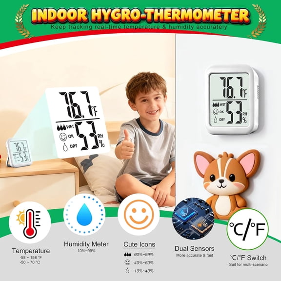 2 Pack Room Thermometer for Home, Hygrometer Indoor Humidity Meter Gauge, Digital Temperature and Humidity Sensor Monitor for House, Terrarium, Incubator, Greenhouse - Battery Included
