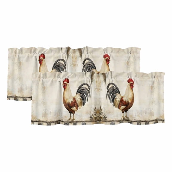 2 Pack Rooster Chicken Valance for Window Black Plaid Watercolor Vintage Texture Farm Kitchen Valance Rod Pocket Short Curtain Topper Decorative Window Treatment for Living Room Bedroom 42"x12"