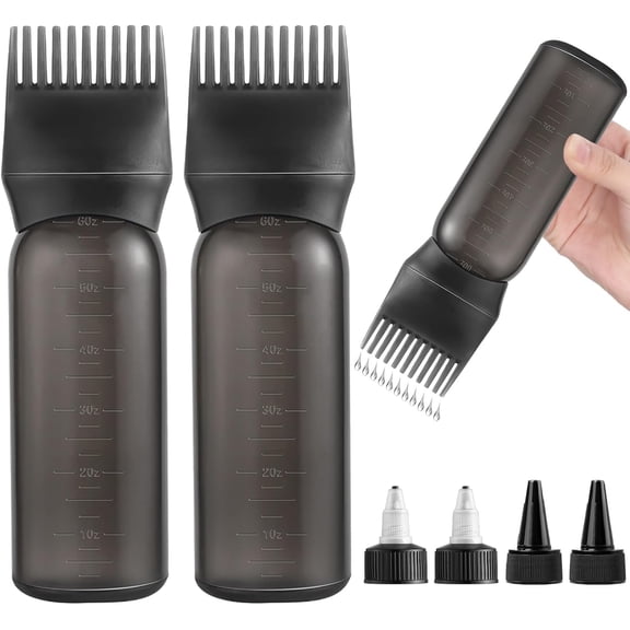 2 Pack Root Comb Applicator Bottle Hair Oil Applicator Hair Color Bottle with 4 Caps for Women Scalp Hair Dye Tools, Black