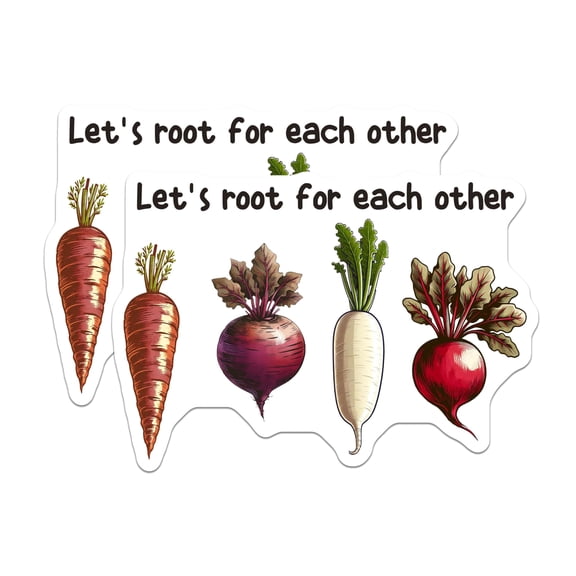 (2 Pack) Rooting for Each Other Stickers - Vegetable Pun - Motivation Sticker - 5" On Longest Side - Sticks to Smooth Flat Surfaces - Made in USA - BMCS17988