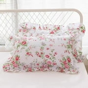 2-Pack Rose Floral Pillow Covers with Ruffle and Lace King Size Pillowcases Pure Cotton 36"x20"