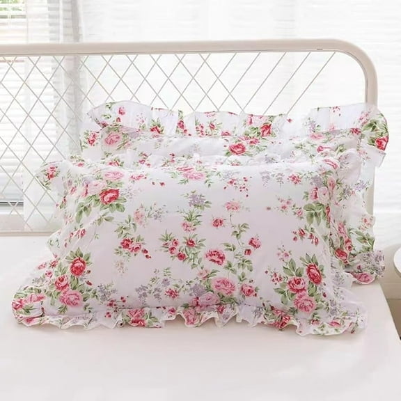 2-Pack Rose Floral Pillow Covers with Ruffle and Lace King Size Pillowcases Pure Cotton 36"x20"