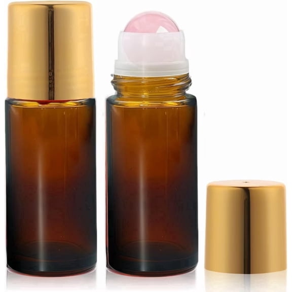 Amber Glass Roll-on Bottles, 2 Pack 50ml Empty Vials with Rose Quartz Roller Balls, Leak-Proof Travel Containers