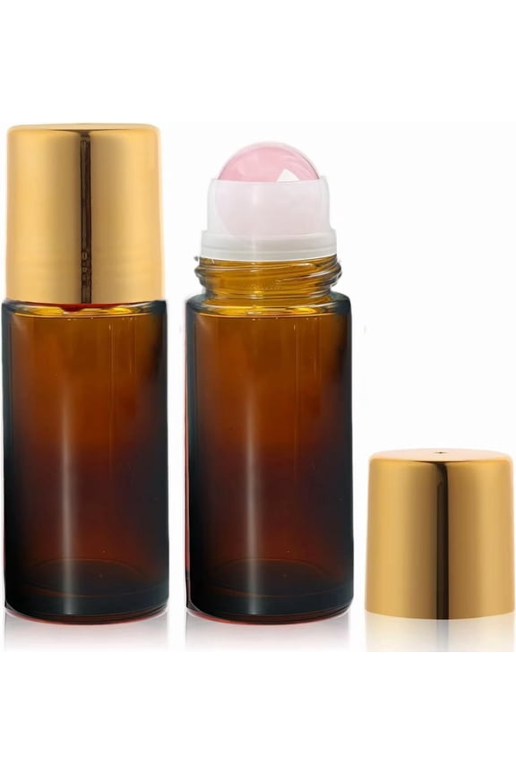 2 Pack Rose Quartz Roller Bottles for Essential Oils, 50ml Refillable Amber Glass Roll On Bottles with Natural Crystal Roller Balls, Leak-Proof Travel Perfume Bottle with Gold Caps