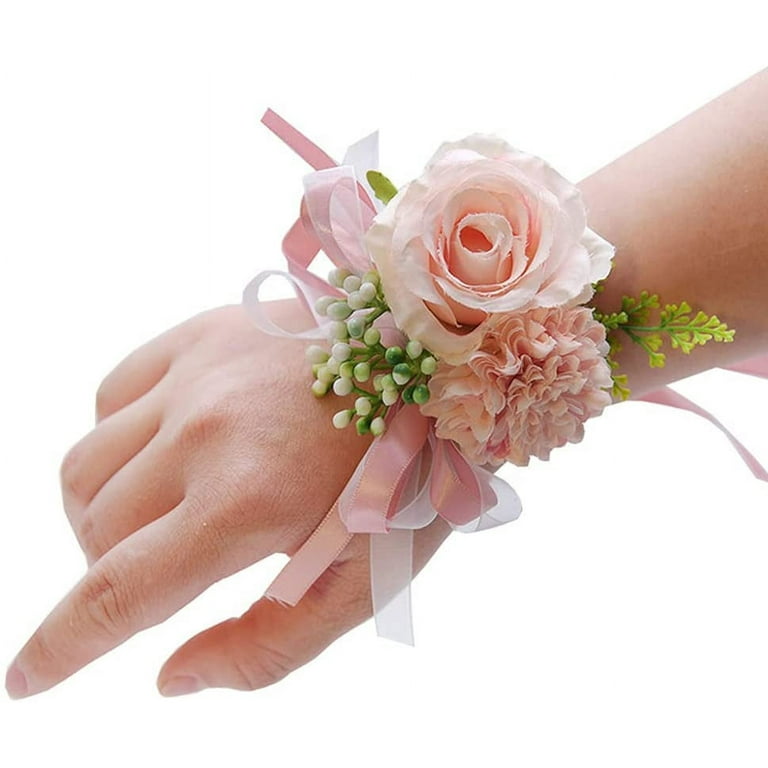 HONSITML 2 Pack Rose Wrist Corsages Wristband Hand Flowers for Wedding Bridesmaid Bridal Shower Prom Party(Pink), Size: 3.9