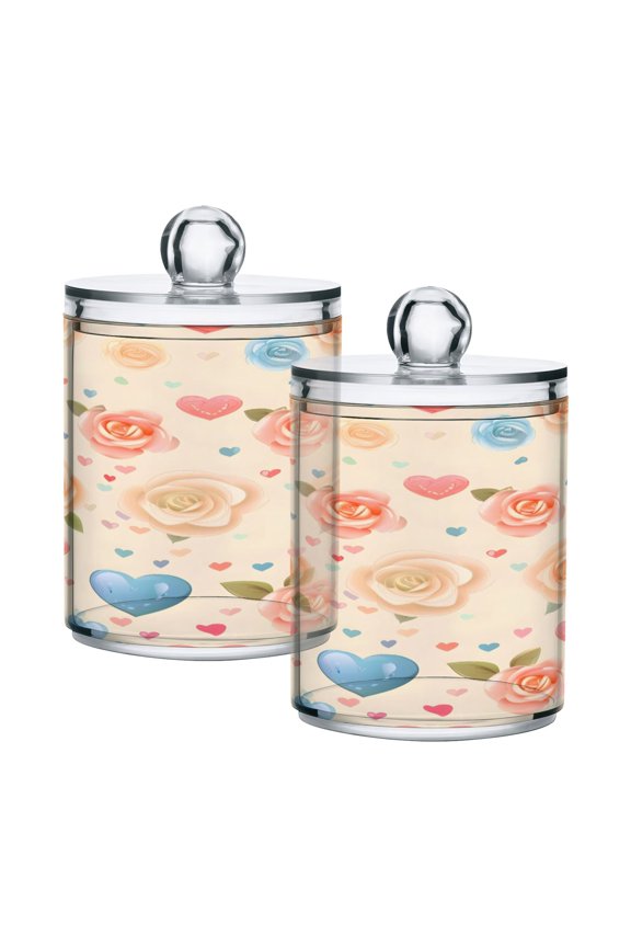 2 Pack Roses and Heart Qtip Holder Dispenser Clear Plastic Storage Apothecary Jars for Cotton Swabs Balls Pads Floss