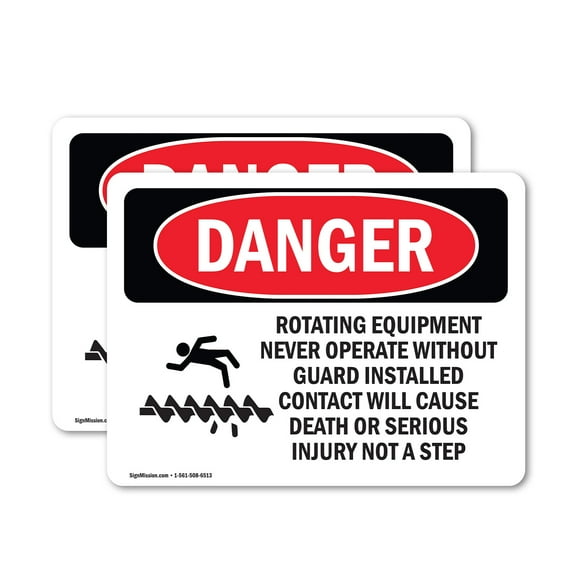 (2 Pack) Rotating Equipment Never Operate OSHA Danger Sign 24 Inch X 18 Inch Vinyl Label Decal Sticker Weather Resistant, UV Protected for Workplace, Business, and Construction Site,