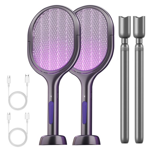 2 Pack Rotating Head Electric Fly Swatter, 3500 V Bug Zapper with Telescopic Extension, 3-in-1 Rechargeable Mosquito Racket for Handheld/Standing/Wall Mount Use - Indoor Outdoor