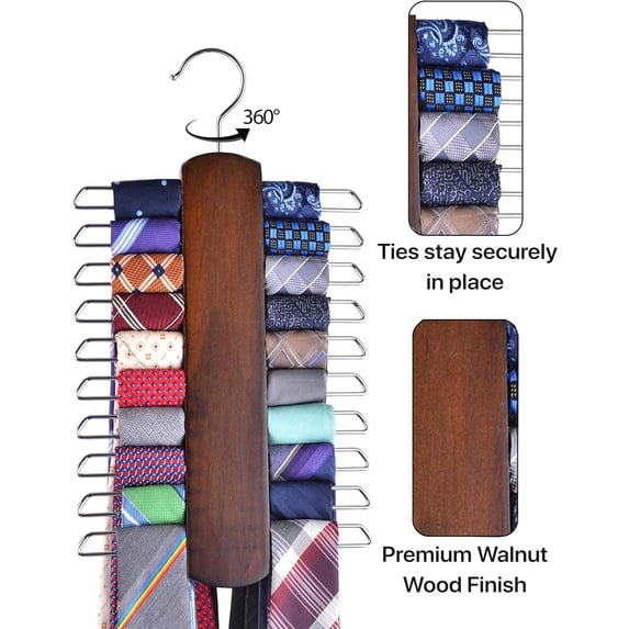 2 Pack Rotating Twirl Tie Rack, Premium Wooden Necktie and Belt Hanger, Tie Rack for Closet, 360 Degree Swivel Space Saving Ties Holder for Men Hanging 40 Ties