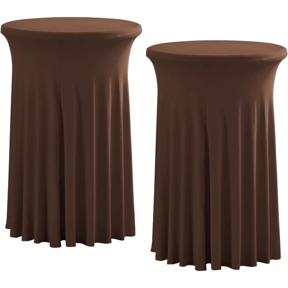 2 Pack Round 43 x 32 Inch Spandex Cocktail Tablecloth with Wavy Skirt Brown Fitted Stretch Table Cover for Bar Wedding Party