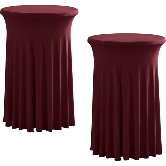 2 Pack Round 43 x 32 Inch Spandex Cocktail Tablecloth with Wavy Skirt Burgundy Fitted Stretch Table Cover for Bar Wedding Party