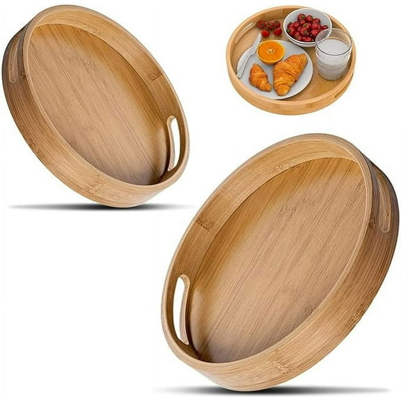 2 Pack Round Bamboo Tray, 12" & 14" Round Serving Tray with Handles, Large Circle Tray Decorative Wooden Serve Tray, Round Ottoman Tray for Serving Beverages Food on Bar Living Room