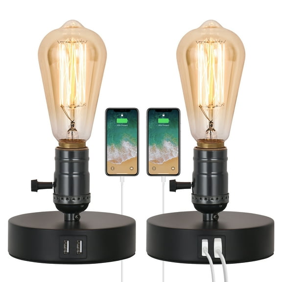 2-Pack Round Base Table Lamps - Black with Dual USB Charging Ports