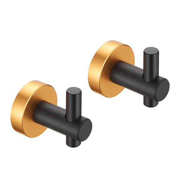 2 Pack Round Base Wall Mounted Towel Coat Hooks, Black Gold Heavy Duty Space Aluminum Wall Hooks, 22 LBS Load Anti Corrosion Bathroom Kitchen Bedroom Entryway Hanging Hooks