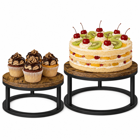 2 Pack Round Cake Stand Set 10/12 Inch Plate Rustic Wood Dessert Display Tray