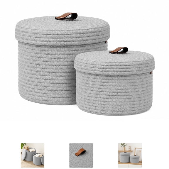 2 Pack Round Cotton Rope Storage Baskets with Lids, Cream Woven Organizer Bins with Pull Handles for Bathroom, Bedroom, Nursery, Shelf and Home Decor