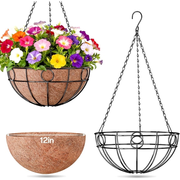 2 Pack Round Hanging Baskets for Plants Outdoor, 12 Inch Metal Wire Planter Basket with Coco Liner, Hanging Flower Pots for Garden Yard Patio Porch Balcony Decor