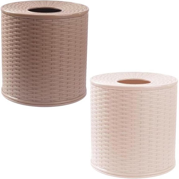 2 Pack Round Rattan Tissue Box Cover Wicker Style, Decorative Tissue Box Holder for Bathroom Home Decor, Vintage Organizer for Paper Towel Rolls with Wide Opening and Removable Base