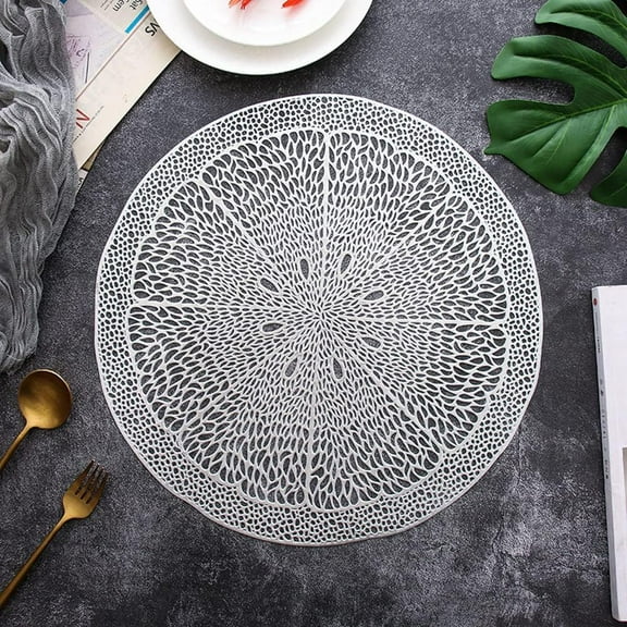 2 Pack Round Silver Pressed Vinyl Placemats, Metallic Table Mats Hollow Wedding Centerpiece Place mats for Dining Table Kitchen Decor, 15 Inch