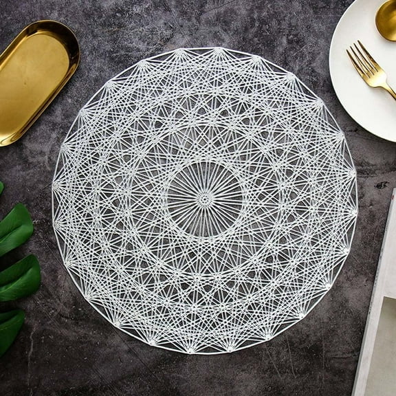 2 Pack Round Silver Pressed Vinyl Placemats, PVC Table Mats Hollow Wedding Centerpiece Place mats for Dining Table Kitchen Decor, 15 Inch