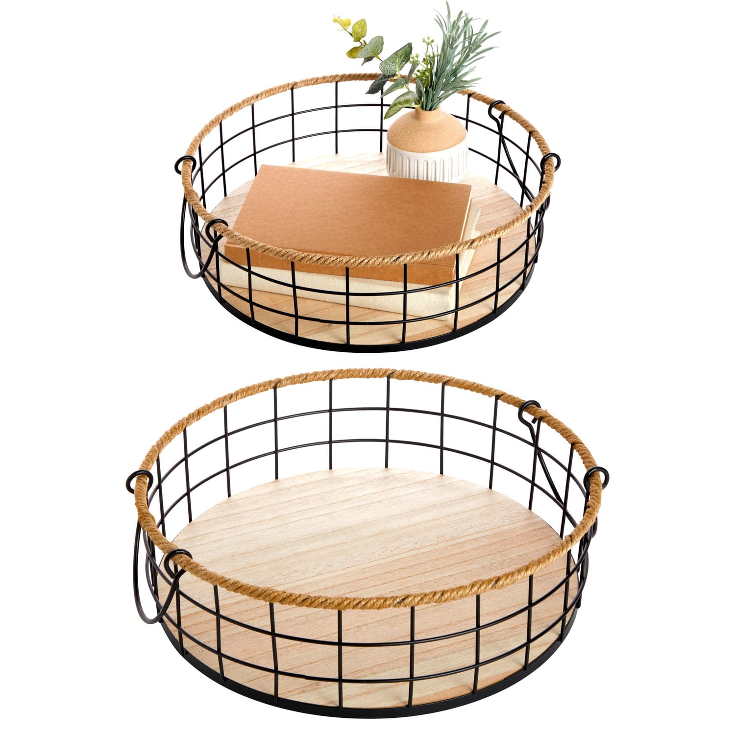 2 Pack Round Wire Baskets with Handles, Metal Storage Trays for