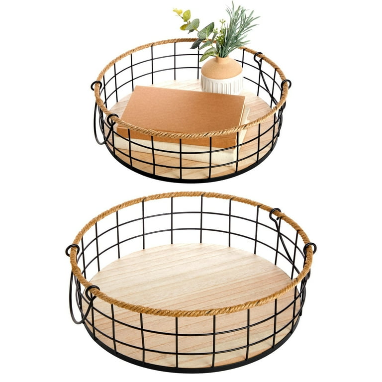 2 Pack Round Wire Baskets with Handles, Metal Storage Trays for