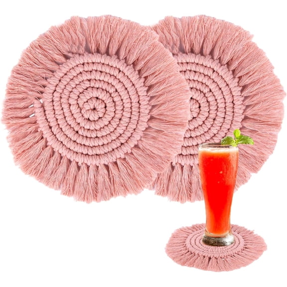 2 Pack Round Woven Coasters for Drinks with Tassels,Handmade Cotton Rope Absorbent Coasters,Drink Coasters, Absorbent Cup Pad Home Decor for Coffee Bar Restaurant Dining Table