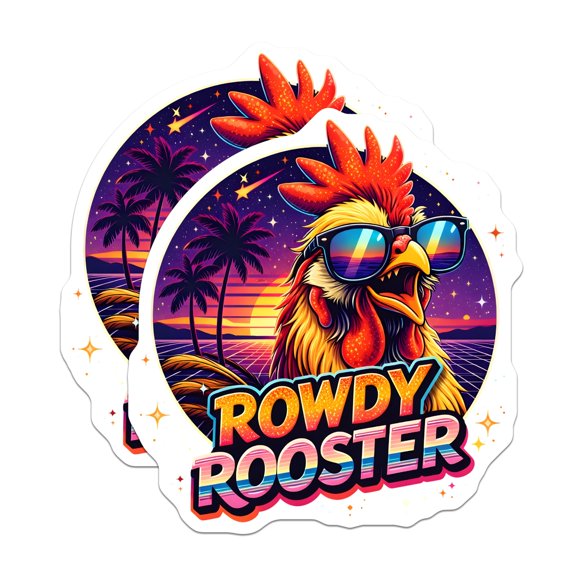 (2 Pack) Rowdy Rooster Magnets - Retro Synthwave Chicken Fridge Magnet - 80s Vaporwave Farm Animal Decor - 5 Inches On Longest Side - Thick Durable Magnet - Made in USA