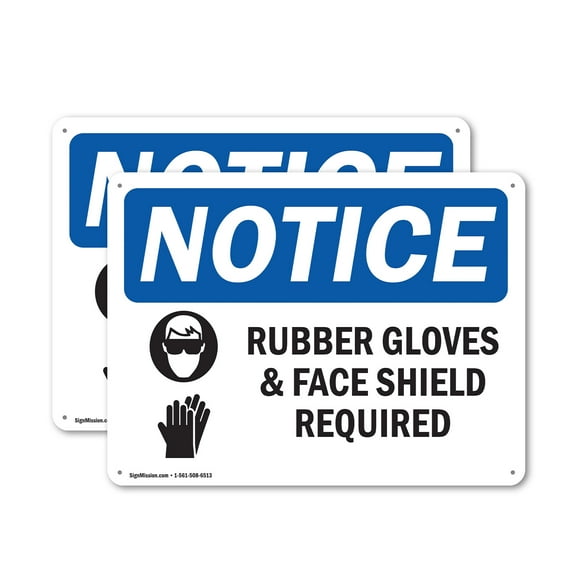 (2 Pack) Rubber Gloves & Face Shield Required OSHA Notice Sign 24 Inch X 18 Inch Plastic Sign, Weather Resistant, UV Protected for Workplace, Business, and Construction Site, Made in