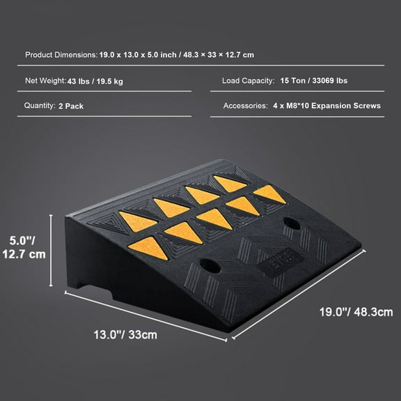 2-Pack Rubber Threshold Ramp, 5" Rise Supports 33069 lbs for Cars, Bikes & Wheelchairs Durable Driveway Access Ramp with Grip Surface