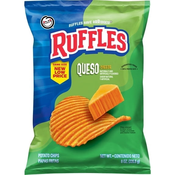 2 Pack - Ruffles Potato Chips Queso Cheese Flavored Snack Chips, Snacks, Large Bag 8 Ounce Bag