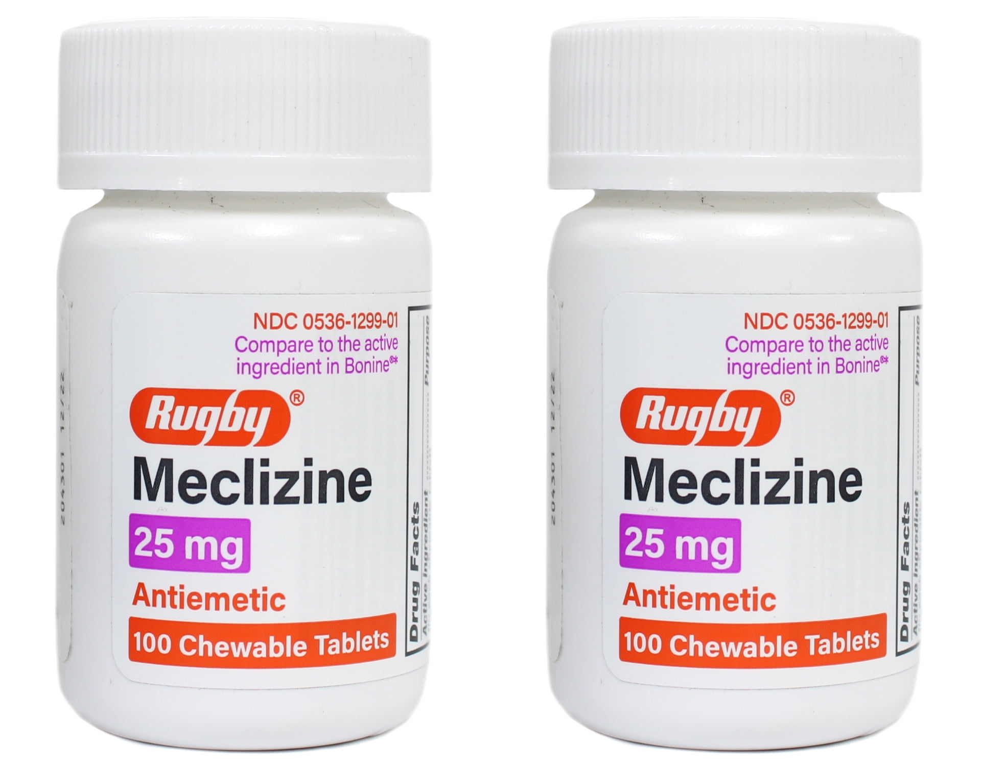 2 Pack Rugby Meclizine 25 mg 100 Chewable Tablets for Travel Sickness