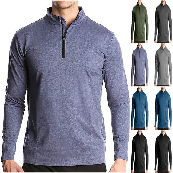 2 Pack Running T Shirts for Men Quick-Drying Long Sleeve T-Shirts with Zipper Mock Neck Solid Stretchy Slim-Fit Pullover Athletic Workout Tees Tops