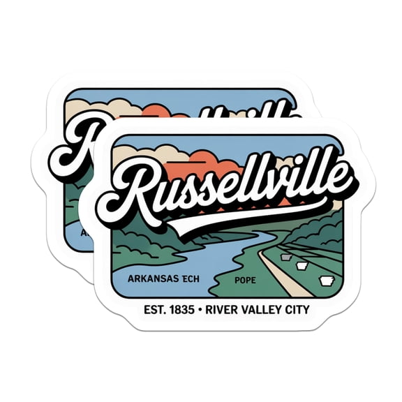 (2 Pack) Russellville Arkansas Stickers - River Valley City - Souvenir Travel Sticker - 5" On Longest Side - Sticks to Smooth Flat Surfaces - Made in USA - BMCS17592