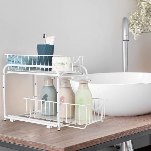 2-Pack Rust-Resistant Metal Pull-Out Cabinet Organizer, 2-Tier Stackable Sliding Storage Drawer Baskets for Kitchen, Pantry, Bathroom, Under Sink Cabinet Organization