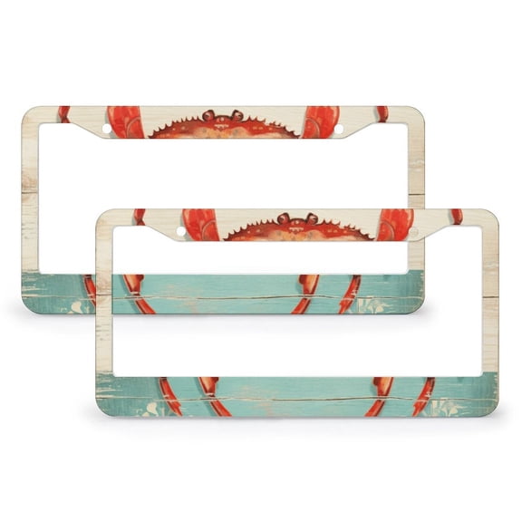 2 Pack Rustic Beach Wood Crab Coastal License Plate Frames Cute Ocean Red Crab Auto Car Accessories Tag Quality Aluminum 2 Hole for Women Men Auto Decoration Hardware