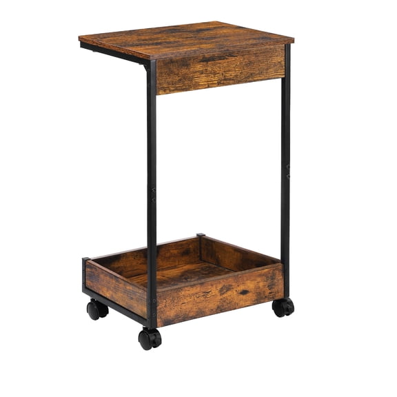 2 Pack Rustic Brown C-Shaped End Table, Rolling Side Table with Wheels and Storage Tray for Couch, Bed, Living Room