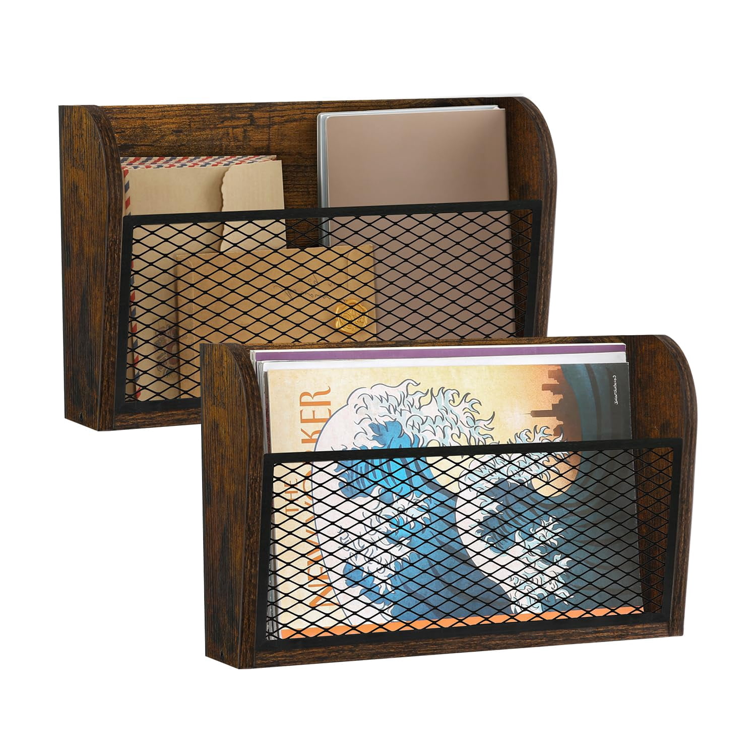 2-Pack Rustic Brown Wall Mount File Organizer, Hanging Paper Folder ...